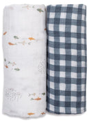 Lulujo: Cotton Swaddles - Fish & Navy Gingham (2 Pack)