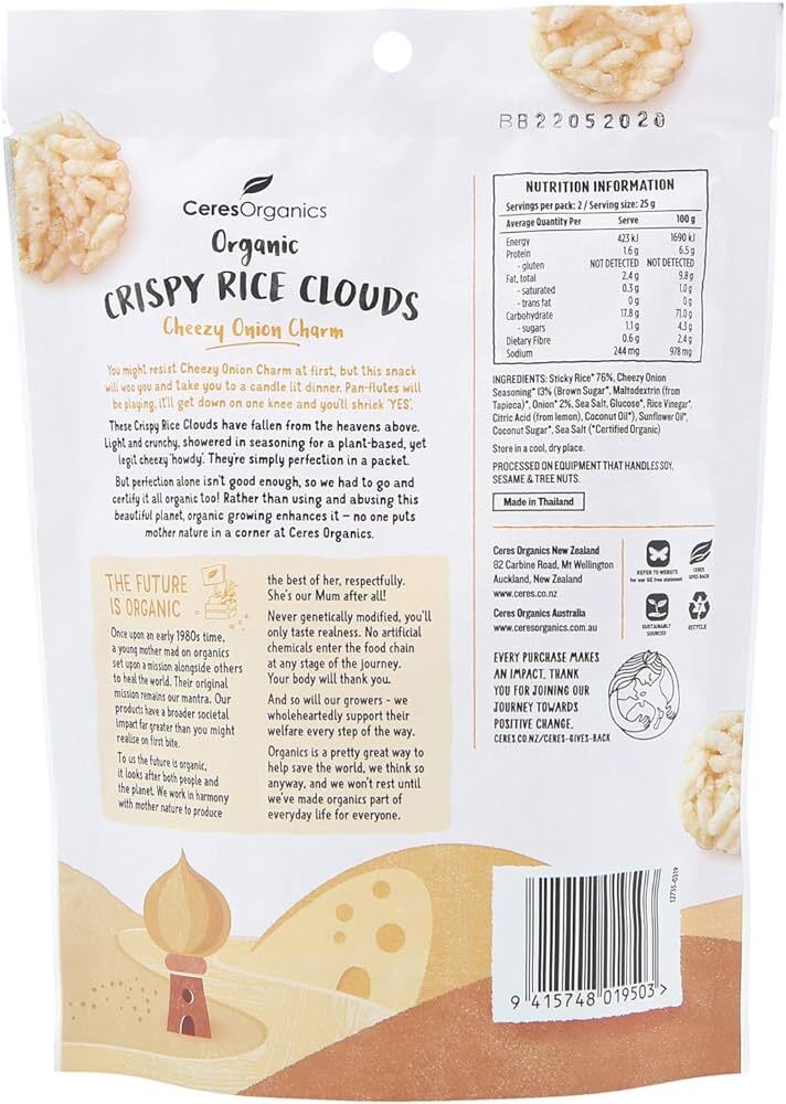 Ceres Organic Crispy Rice Clouds, Cheezy Onion Charm 50g (6 Pack)