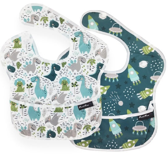 Mum 2 Mum: Waterproof Bibs 2 Pack - Dinosaurs/Spaceships (Birth - 3 Years)