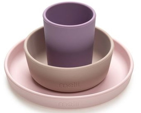 Melii: 3 Piece Silicone Feeding Set - Pink + Purple + Grey