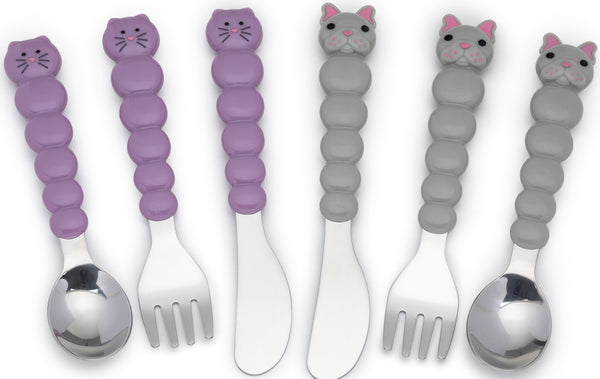 Melii: Cat & Bulldog Utensil Set - Purple + Grey (6pc Set)