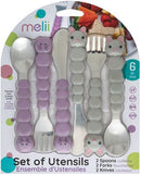 Melii: Cat & Bulldog Utensil Set - Purple + Grey (6pc Set)