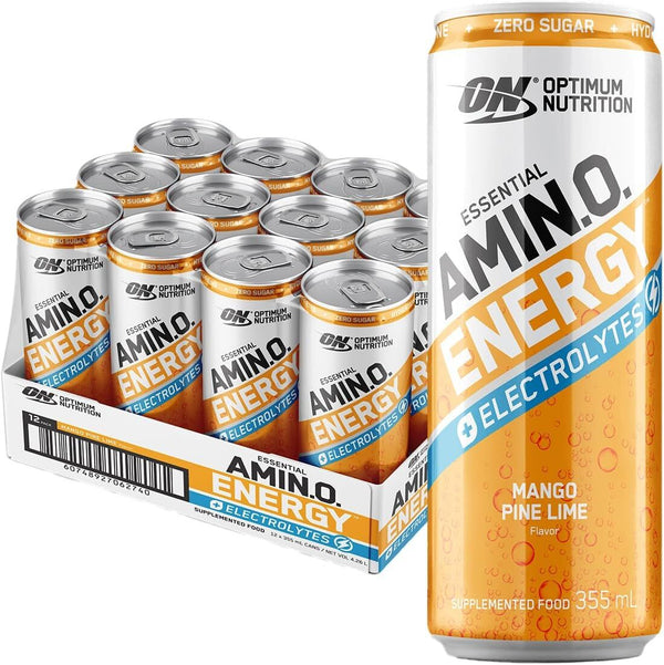 Optimum Nutrition Essential Amin.o. Energy + Electrolytes Sparkling Ready to Drink Cans - Mango / Pinelime (355ml) x 12