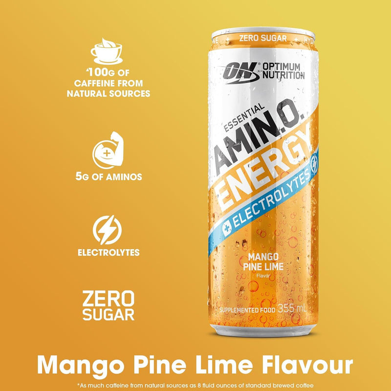 Optimum Nutrition Essential Amin.o. Energy + Electrolytes Sparkling Ready to Drink Cans - Mango / Pinelime (355ml) x 12