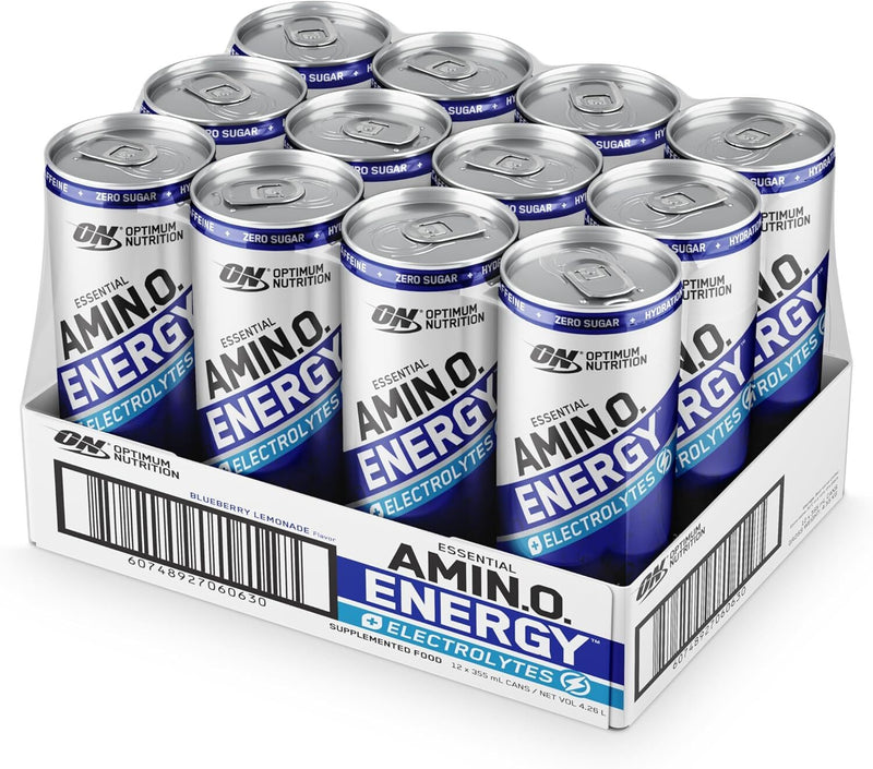 Optimum Nutrition Essential Amino Energy + Electrolytes Sparkling Ready to Drink Cans - Blue Lemon (355ml) x 12