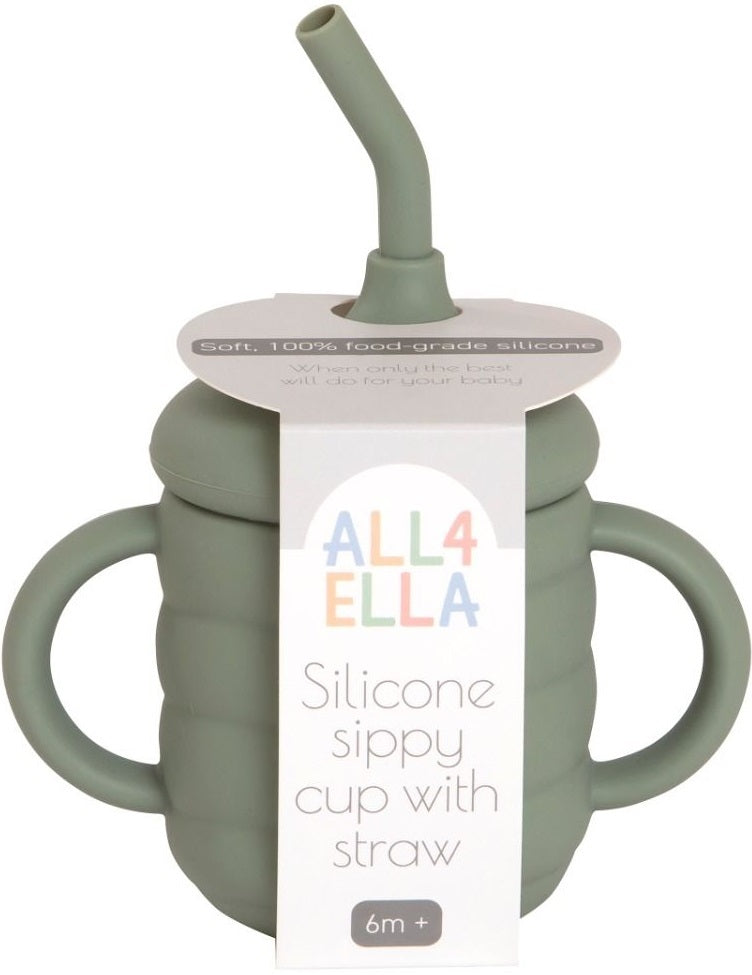 All4Ella: Silicone Sippy Cup With Straw - Olive