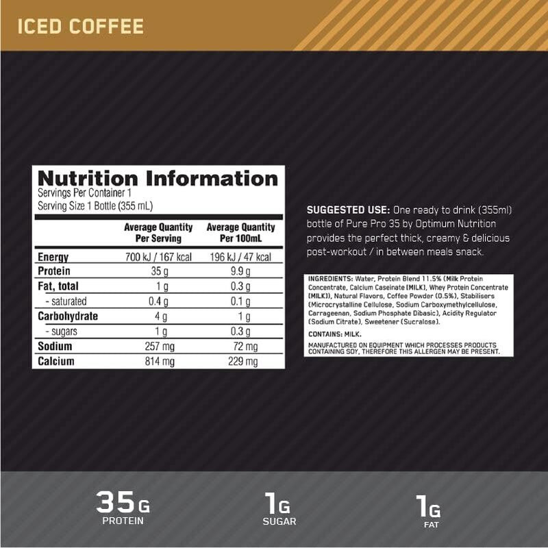 Optimum Nutrition Pure Pro Protein Ready to Drink - Iced Coffee (355ml) x 6