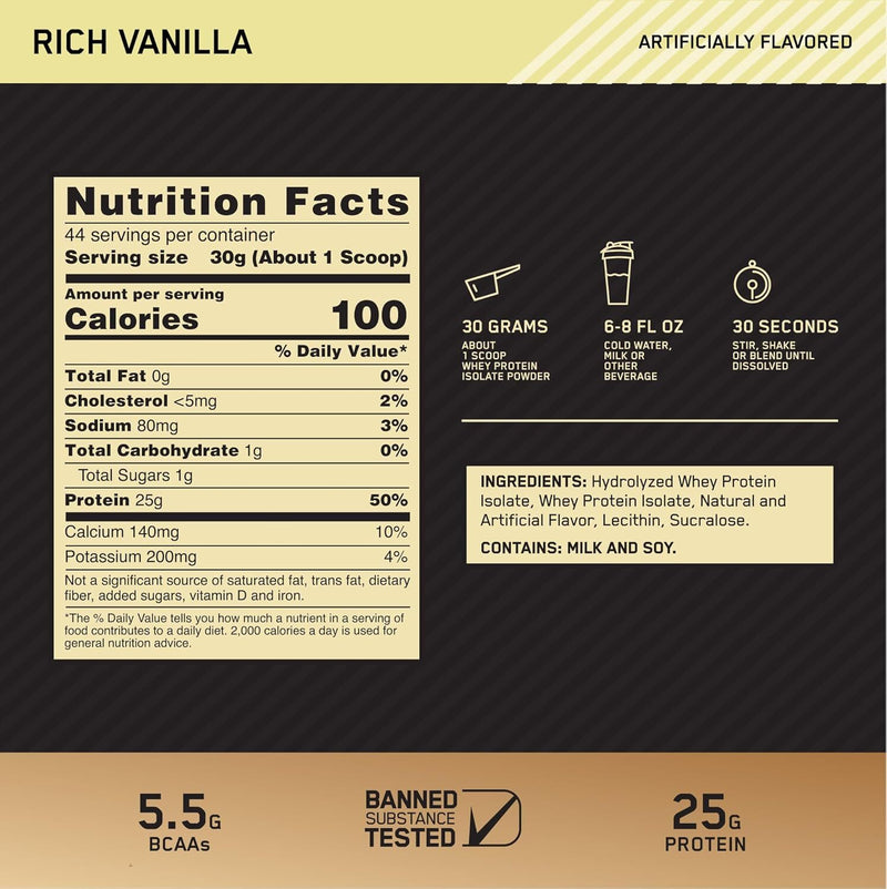 Optimum Nutrition Gold Standard 100% Isolate Protein - Vanilla (1.32kg) x 44 Servings