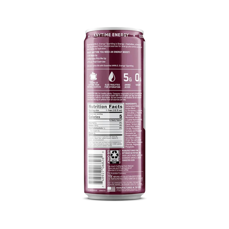 Optimum Nutrition Essential Amino Energy + Electrolytes Sparkling Ready to Drink Cans - Berry Burst (355ml) x 12