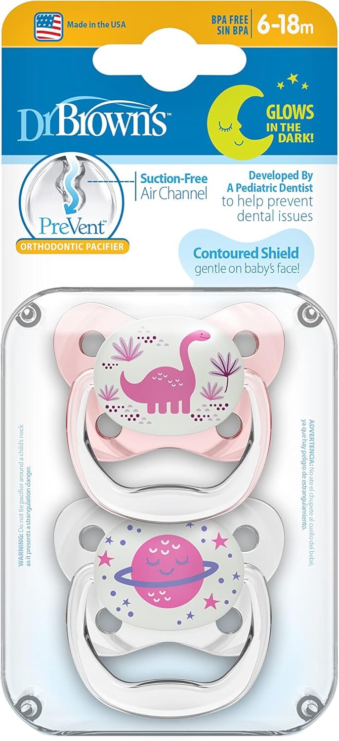 Dr Brown's: PreVent Glow In The Dark Pacifier - Pink/White 2 Pack (6-18 Months) (6-12 Months)