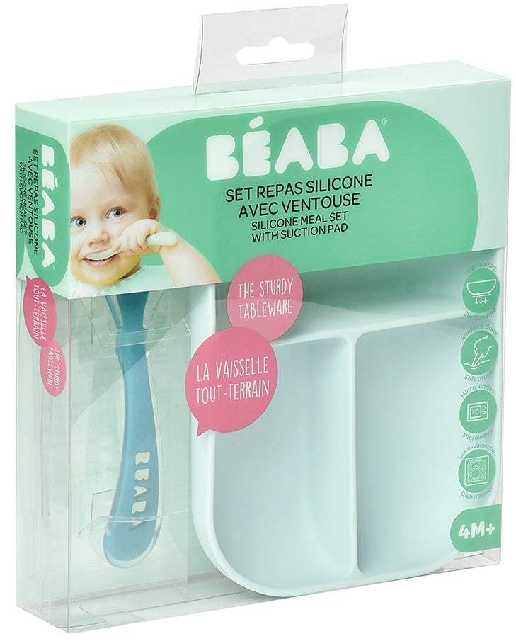 Beaba: Silicone Suction Divided Plate & Spoon - Blue