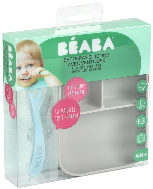 Beaba: Silicone Suction Divided Plate & Spoon - Grey