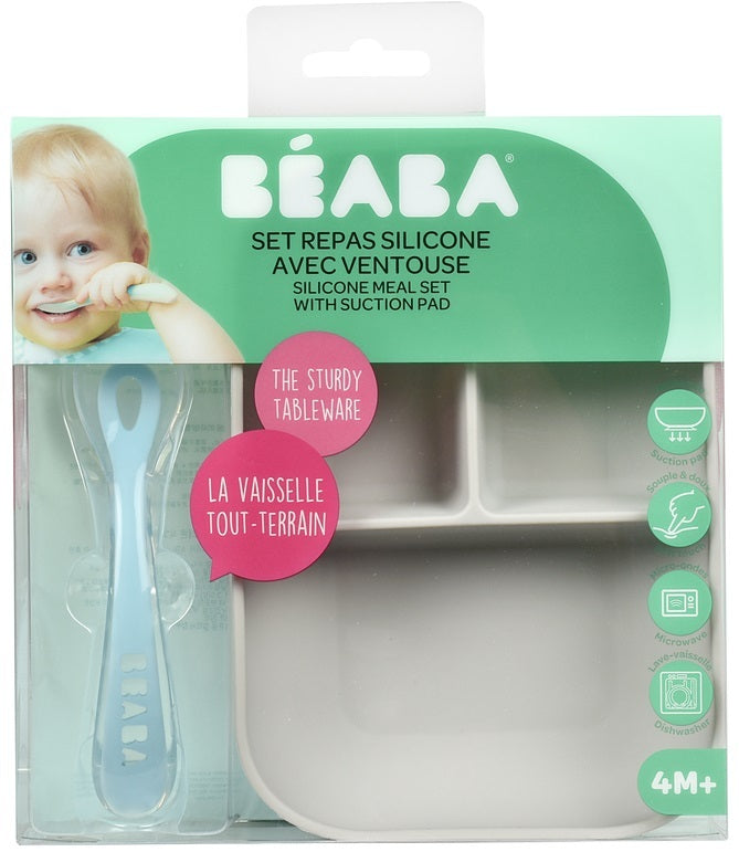 Beaba: Silicone Suction Divided Plate & Spoon - Grey