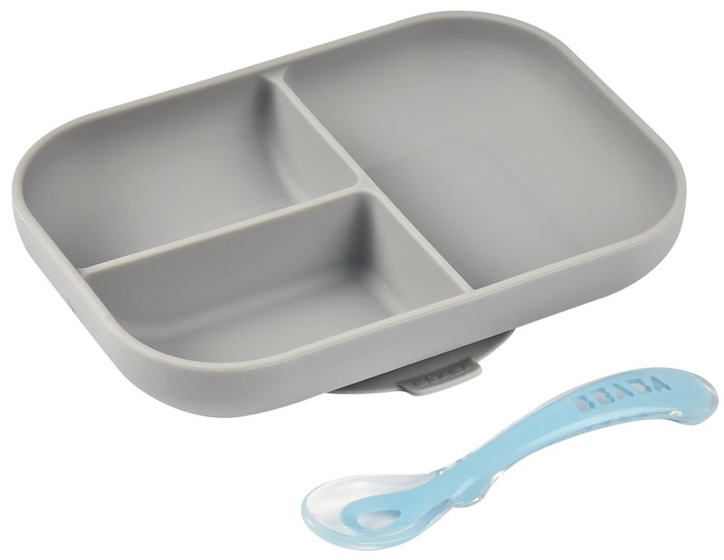 Beaba: Silicone Suction Divided Plate & Spoon - Grey