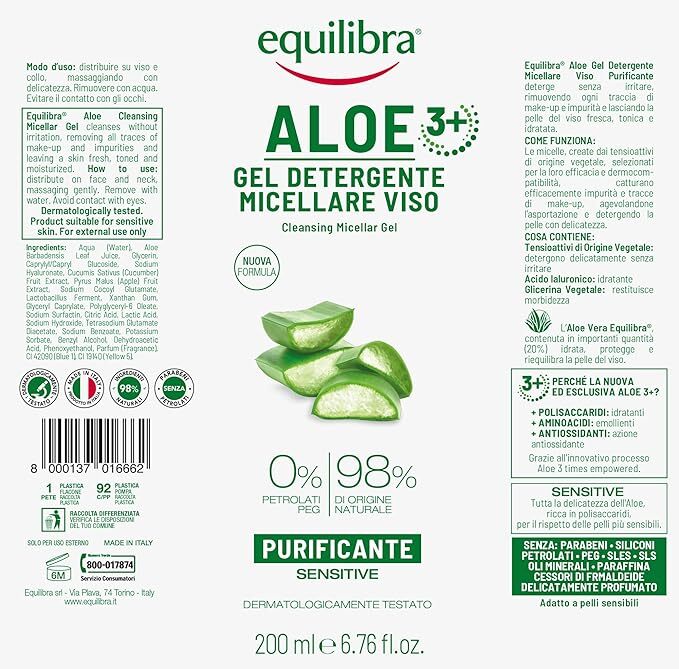 Equilibra: Aloe Vera Purifying Micellar Facial Cleansing Gel (200ml)