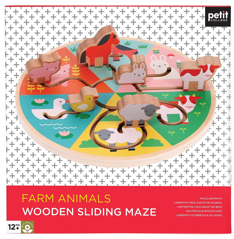 Petit Collage: Farm Animals Wooden Sliding Maze - Red (22x8x22cm)