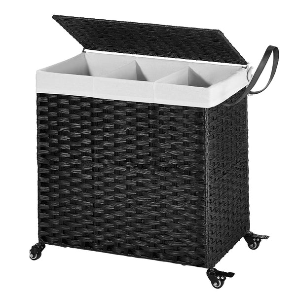 STORFEX 140L Large 3-Partition Laundry Hamper with Wheels and Lid - Black