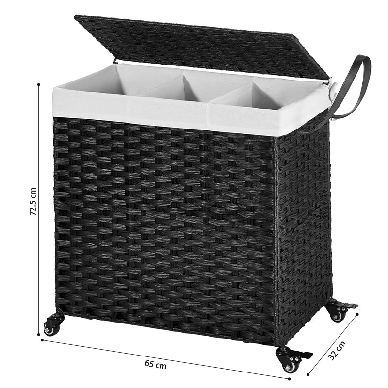 STORFEX 140L Large 3-Partition Laundry Hamper with Wheels and Lid - Black