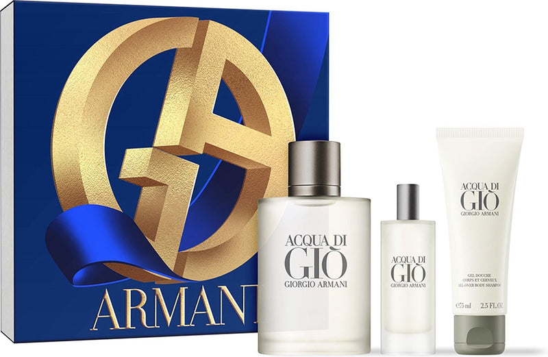 Giorgio Armani: Men's Acqua Di Gio 3 Piece Gift Set 100ml EDT All over Body Shampoo & Travel Spray.