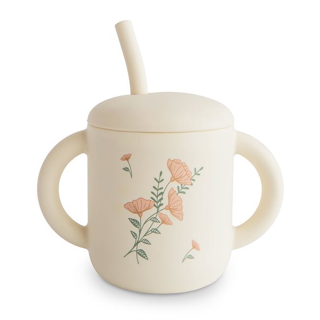 Mushie: Silicone Training Cup with Straw - Pink Flowers