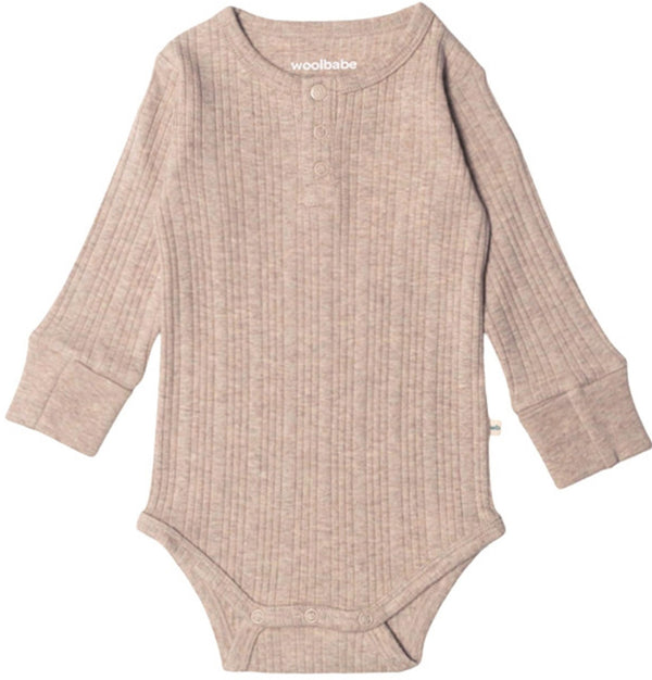 Woolbabe: Long Sleeve Henley Bodysuit - Dune Marl (Newborn)