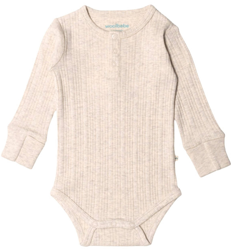 Woolbabe: Long Sleeve Henley Bodysuit - Natural Marl (Newborn)