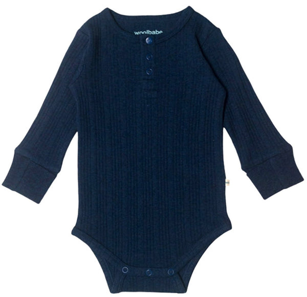 Woolbabe: Long Sleeve Henley Bodysuit - Tekapo Marl (0-3 months)